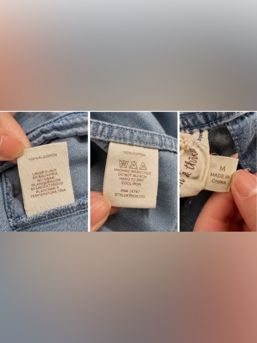 Hem & Thread Sleeveless Chambray Denim Swing Dress‎ Button Front Pockets Boho - Picture 4 of 4